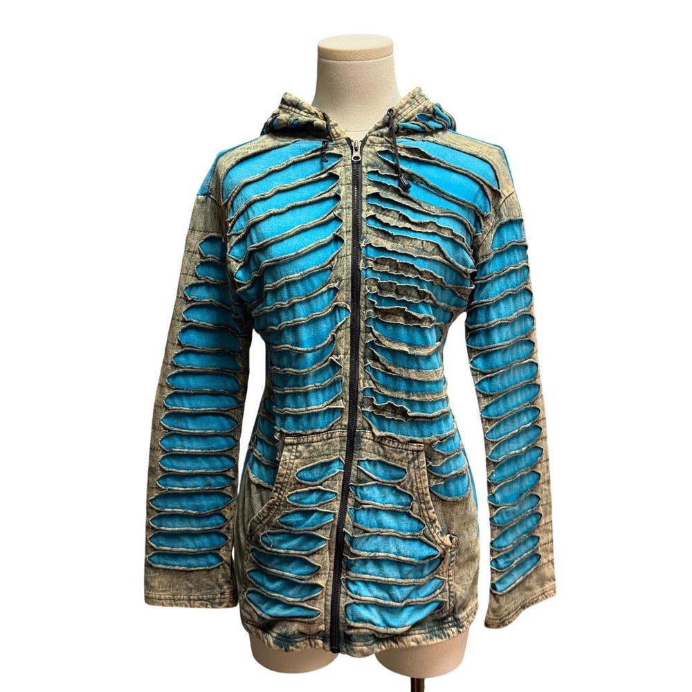 Vintage KPC Blue Acid Wash Distressed Slit Ribcage Zip Up Hoodie Y2K Grunge M